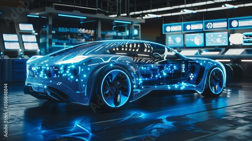 Innovative Electric Car Technology: Glowing Software-Defined Vehicle System Chip in Futuristic Automotive Lab