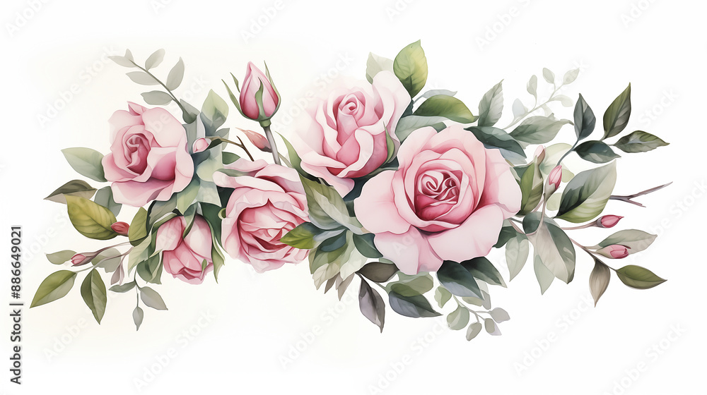 Fototapeta premium handdrawn painting of cute and many beautiful roses flowers and eucalyptus leaves, white background