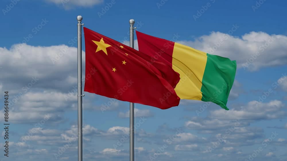 Republic of Guinea or Guinea-Conakry and China flags flying together, video concept of the relationship, two country relations concept Republic of Guinea or Guinea-Conakry and China flags flying together, video concept of the relationship, two country relations concept