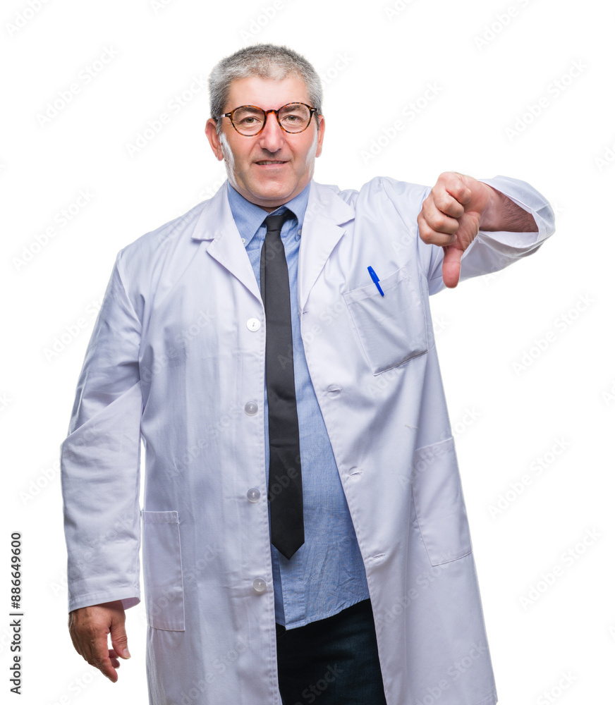 Handsome senior doctor, scientist professional man wearing white coat over isolated background looking unhappy and angry showing rejection and negative with thumbs down gesture. Bad expression. Handsome senior doctor, scientist professional man wearing white coat over isolated background looking unhappy and angry showing rejection and negative with thumbs down gesture. Bad expression.