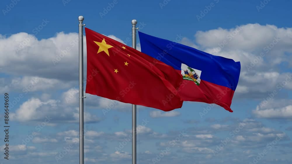 Haiti and China flags flying together, video concept of the relationship, two country relations concept Haiti and China flags flying together, video concept of the relationship, two country relations concept