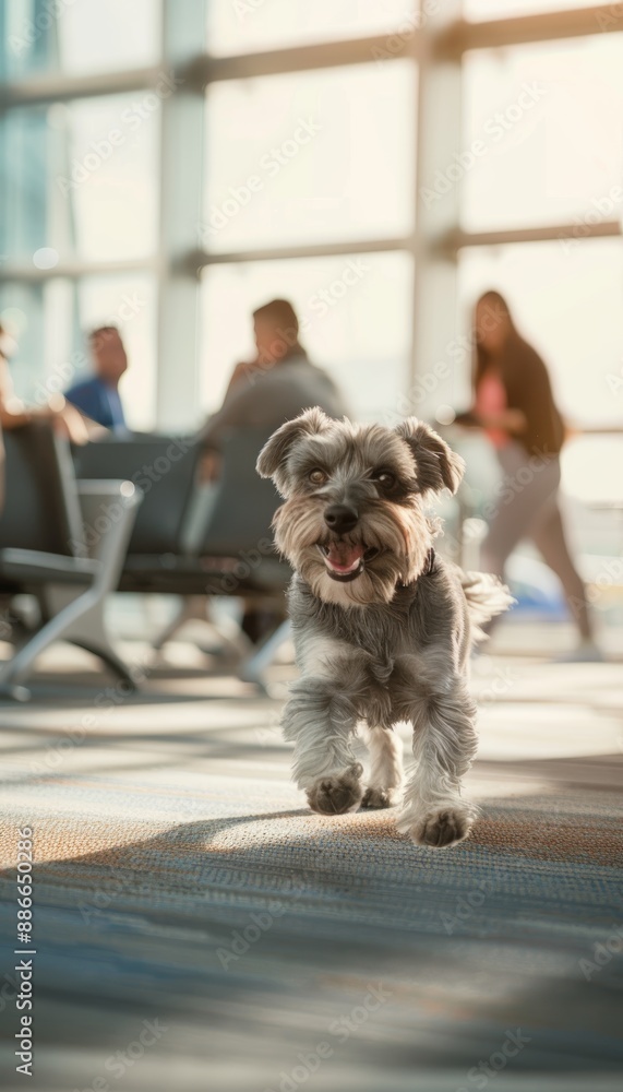 Playful Miniature Schnauzer Puppy Running at Airport, Travelers Smiling and Watching Playful Miniature Schnauzer Puppy Running at Airport, Travelers Smiling and Watching