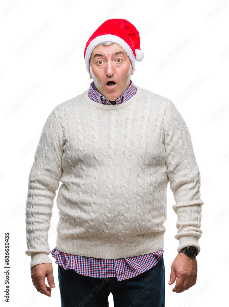 Handsome senior man wearing christmas hat over isolated background afraid and shocked with surprise expression, fear and excited face. Handsome senior man wearing christmas hat over isolated background afraid and shocked with surprise expression, fear and excited face.