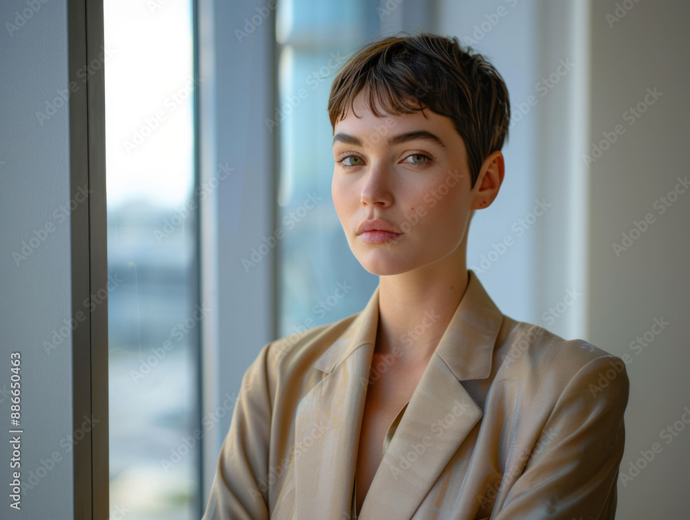 Confident businesswoman with short hair standing by the window. Confident businesswoman with short hair standing by the window.