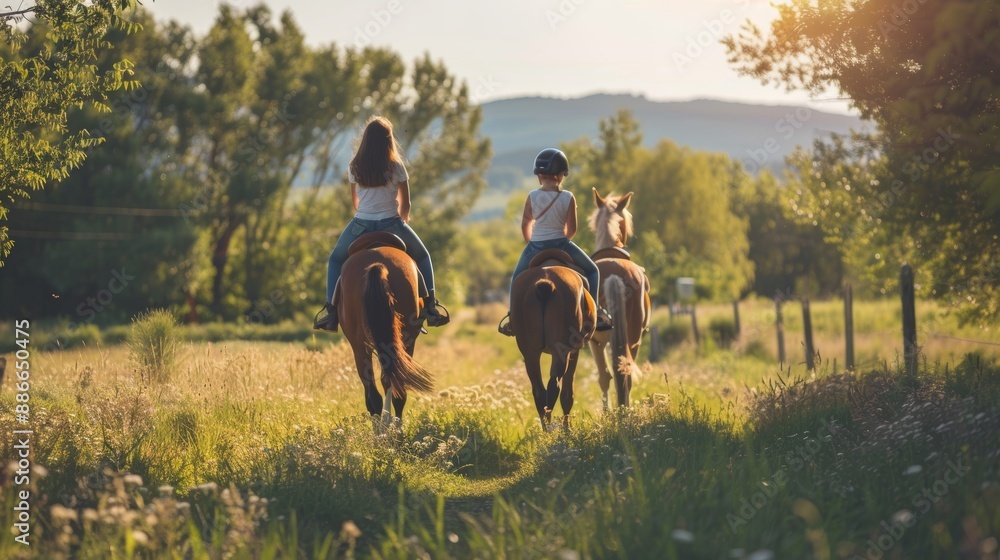 Mother and Daughter Horseback Riding on Scenic Trail Through Forest and Open Fields at Sunset Mother and Daughter Horseback Riding on Scenic Trail Through Forest and Open Fields at Sunset