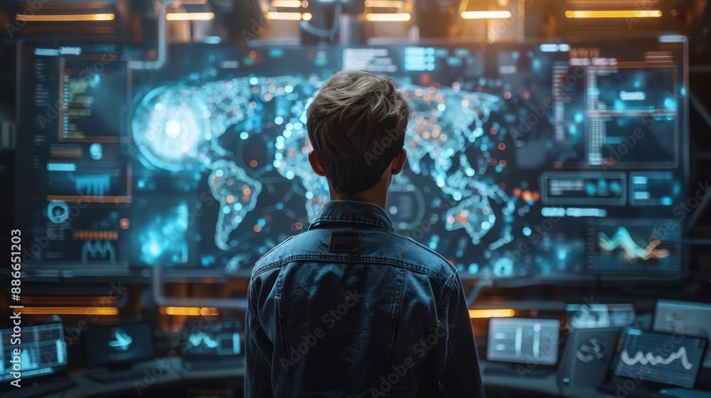 Fototapeta premium High-tech classroom with holographic displays, interactive screens, and AI tutors.