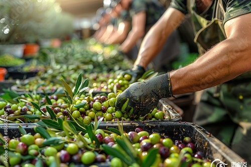 Hands picking olives from branches, with background showing rows of olive trees more workers