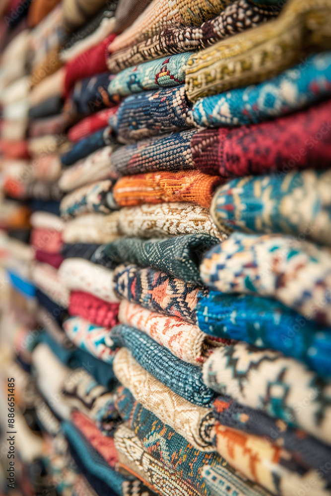 Closeup photo of a shelf with vibrant blankets, creating colorful display Closeup photo of a shelf with vibrant blankets, creating colorful display