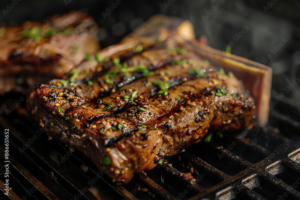 T-bone grilled beef steaks grill with flames at the backyard party  
