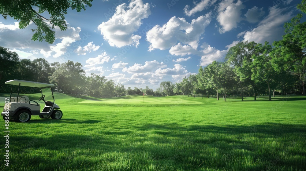 Golf cart on the fairway of a golf course with green grass field with blue sky and trees. AI generated image Golf cart on the fairway of a golf course with green grass field with blue sky and trees. AI generated image