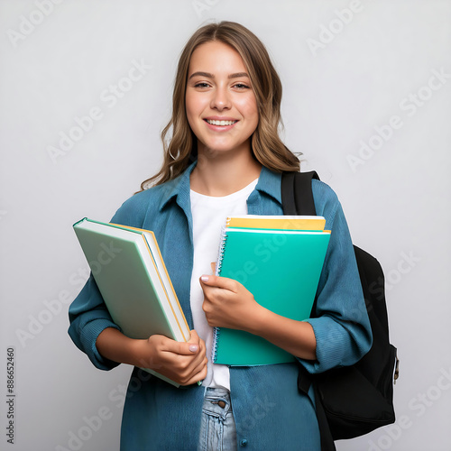 Estudiante alegre cargando libros y mochila