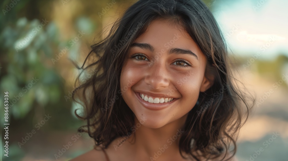 Smiling Italian Girl with Wavy Dark Brown Hair Outdoors, Youth, Happiness, Summer Adventure, Diversity Smiling Italian Girl with Wavy Dark Brown Hair Outdoors, Youth, Happiness, Summer Adventure, Diversity
