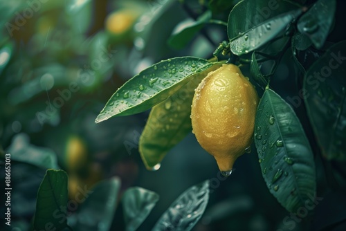 Lemon tree with green leaves and yellow fruit in a garden setting. The lemon is positioned centrally surrounded by rich foliage. A blurred background provides depth to the image. photo