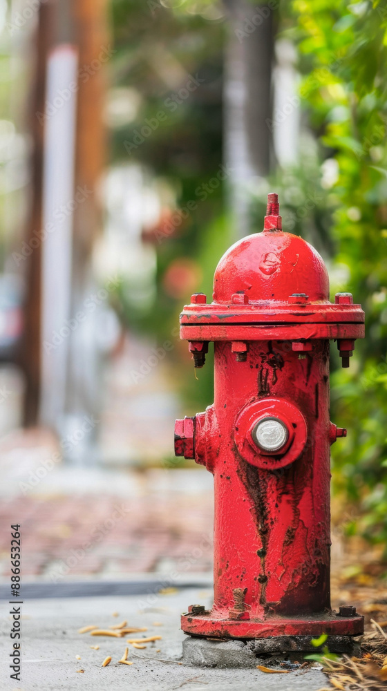 Red Fire Hydrant in Peaceful Residential Area - Detailed Urban Art Red Fire Hydrant in Peaceful Residential Area - Detailed Urban Art