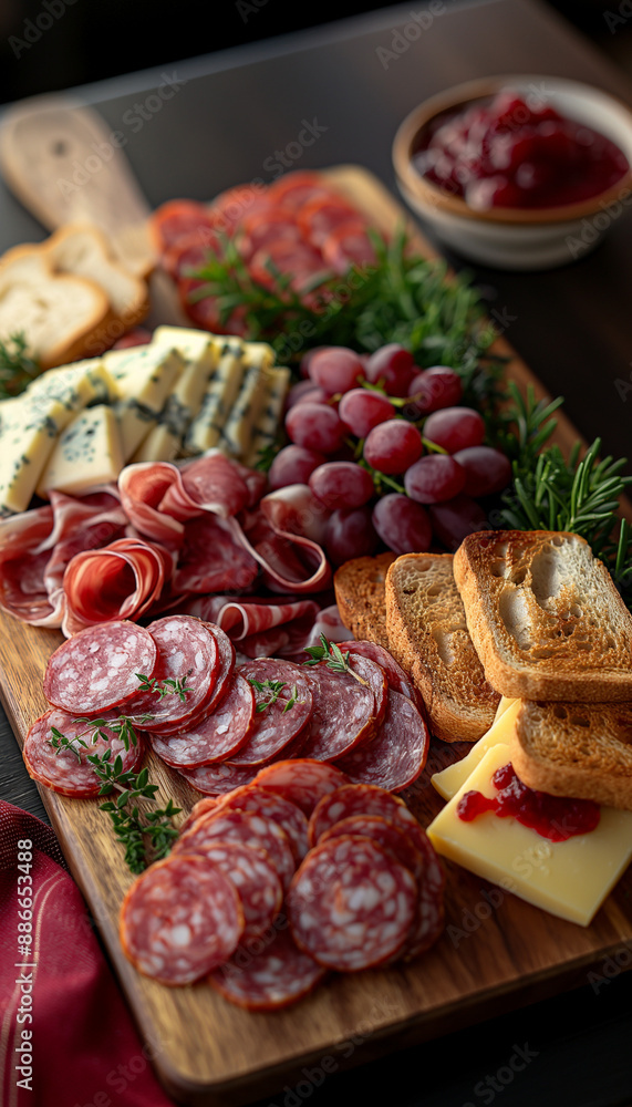 Tábua de frios salame queijo pão geleia montagem profissional gastronomia uva frutas madeira IA Generativa Tábua de frios salame queijo pão geleia montagem profissional gastronomia uva frutas madeira IA Generativa
