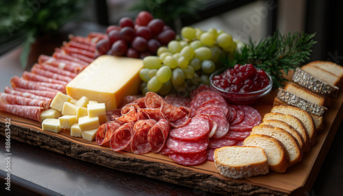 Tábua de frios salame queijo pão geleia montagem profissional gastronomia uva frutas madeira IA Generativa