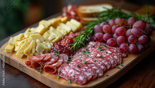 Tábua de frios salame queijo pão geleia montagem profissional gastronomia uva frutas madeira IA Generativa