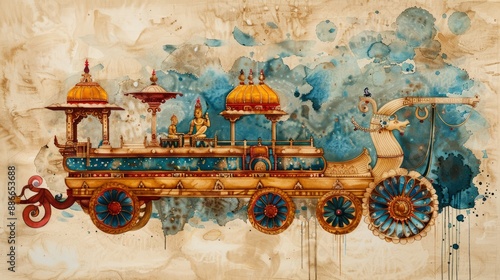 Watercolor painting by Latyatra, with a large, ornate chariot. A fantastic ca...