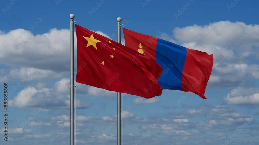 Mongolia and China flags flying together, video concept of the relationship, two country cooperation concept Mongolia and China flags flying together, video concept of the relationship, two country cooperation concept