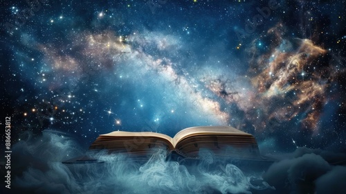 book with the milky way galaxy.knowledge source book concept.AI generated image photo