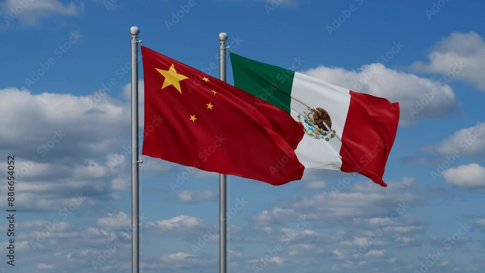 Mexico and China flags flying together, video concept of the relationship, two country relations concept Mexico and China flags flying together, video concept of the relationship, two country relations concept