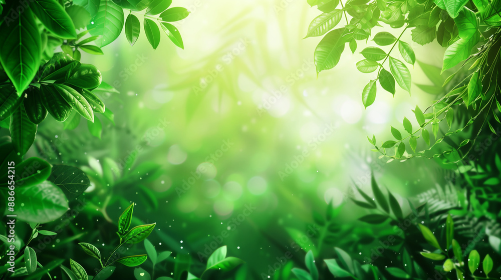 Border frame with empty copy space. Lush green foliage with sunlit bokeh background Border frame with empty copy space. Lush green foliage with sunlit bokeh background