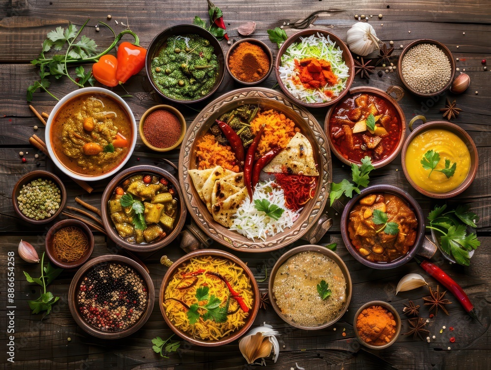vibrant indian thali with an array of colorful dishes spices and aromas presented on a rustic wooden table with ambient lighting vibrant indian thali with an array of colorful dishes spices and aromas presented on a rustic wooden table with ambient lighting