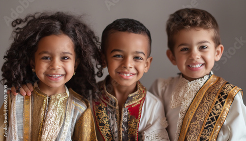 3 Crian;as sorrindo com trajes típicos da Biblia Sagrada diversidade cultural Religiáo Cristianismo IA Generativa photo