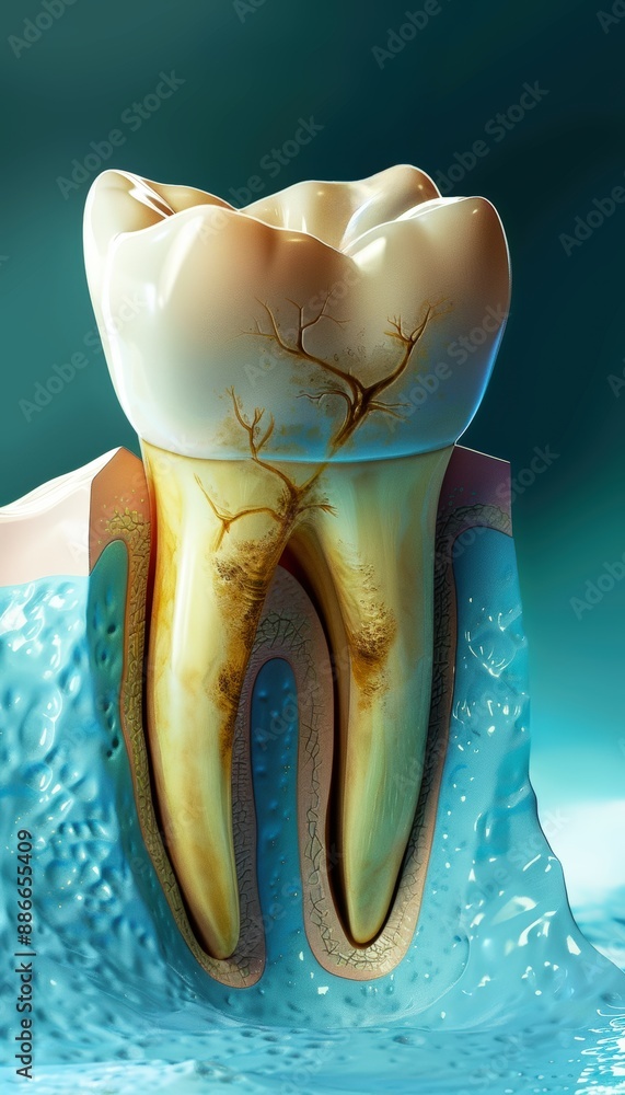 An illustration of an isolated tooth with caries and a deep crack, in a ...