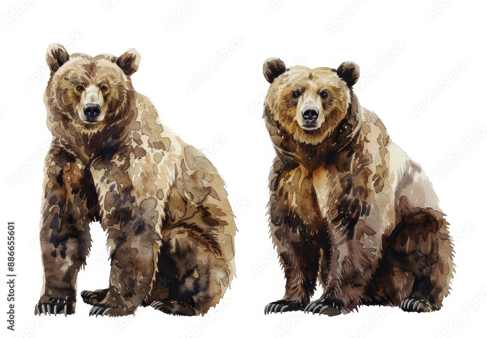 On a white background, a watercolor illustration of a brown grizzly bear is shown. On a white background, a watercolor illustration of a brown grizzly bear is shown.