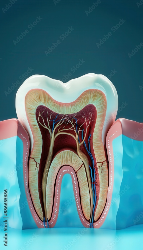 3D rendered illustration of the cross section of an isolated molar tooth, showing its structure and veins on a blue background 3D rendered illustration of the cross section of an isolated molar tooth, showing its structure and veins on a blue background