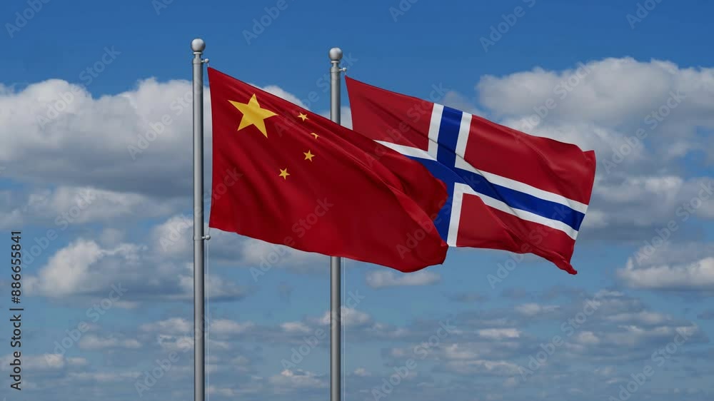 Norway and China flags flying together, video concept of the relationship, two country relations concept Norway and China flags flying together, video concept of the relationship, two country relations concept