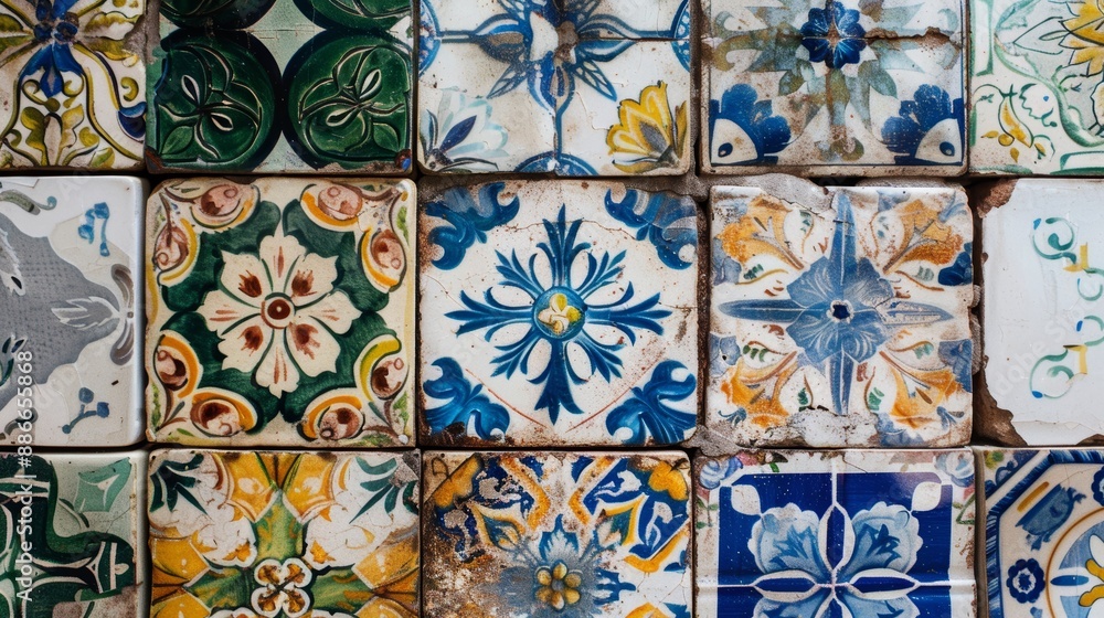 Artistic Hand-Painted Decorative Tiles on Rustic Wall - Perfect for Interior Design, Craft Projects, or Wall Art Concepts Artistic Hand-Painted Decorative Tiles on Rustic Wall - Perfect for Interior Design, Craft Projects, or Wall Art Concepts