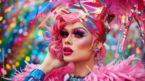 Glamorous Pink-Themed Portrait of a Woman with Long Hair and Feathered Accessories