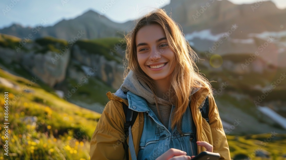 A person standing on a mountain top looking at a cell phone, possibly checking messages or taking a photo A person standing on a mountain top looking at a cell phone, possibly checking messages or taking a photo