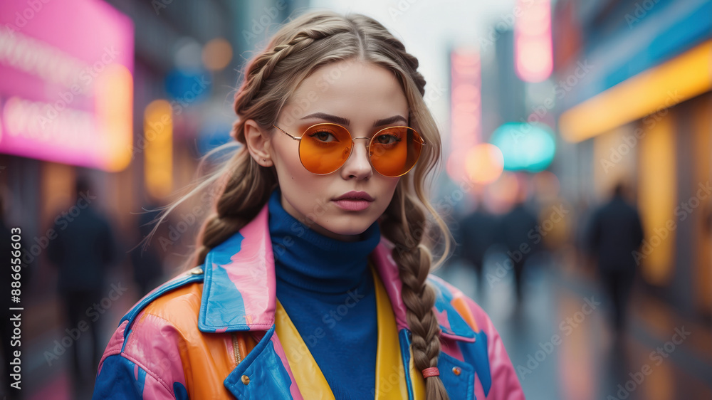 A young woman with long blonde braids and vibrant orange sunglasses walks through a bustling city street, bathed in the glow of neon signs A young woman with long blonde braids and vibrant orange sunglasses walks through a bustling city street, bathed in the glow of neon signs