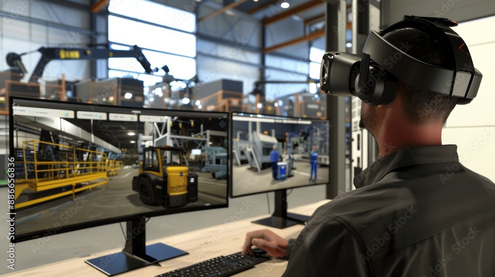 Fototapeta premium Virtual Reality Training Session on Machinery Operation in a Realistic Industrial Setting