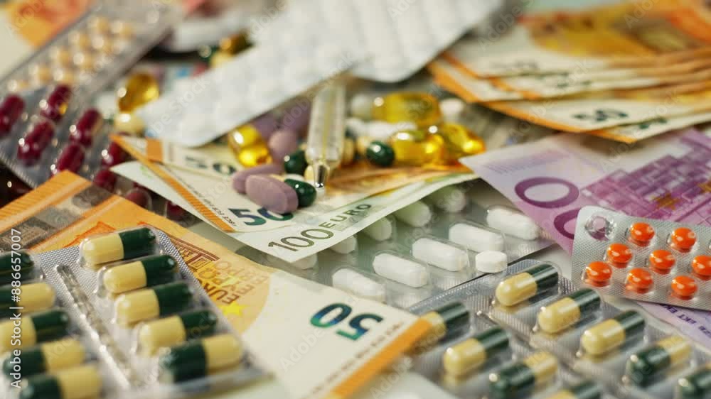 Concept of taking medicine during high temperature of antibiotics. Close-up of euro thermometer bills and pills in packages. High quality 4k footage Concept of taking medicine during high temperature of antibiotics. Close-up of euro thermometer bills and pills in packages. High quality 4k footage