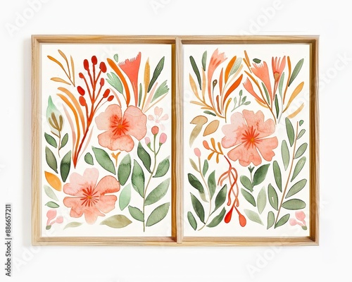 A set of two watercolor paintings with a light wooden frame on the wall, featuring a peach and coral floral design. The artwork includes a simple yet elegant composition of pink flowers and green photo