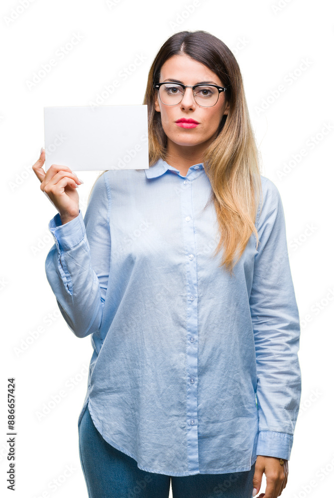 Young beautiful business woman holding blank card over isolated background with a confident expression on smart face thinking serious Young beautiful business woman holding blank card over isolated background with a confident expression on smart face thinking serious