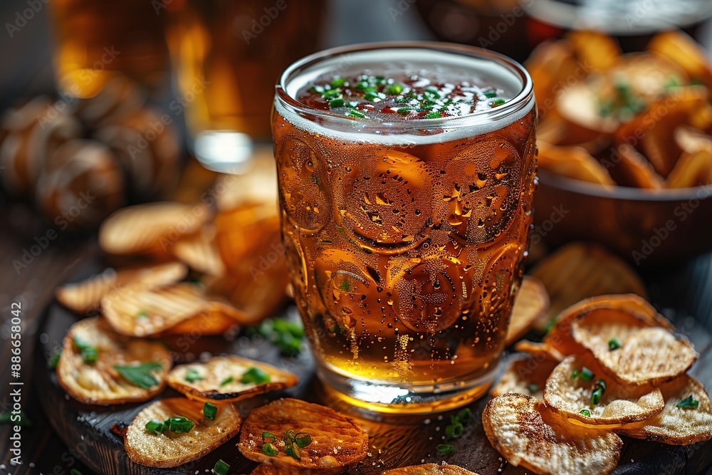 International beer day. Glasses with light beer and salty snacks on a bar counter International beer day. Glasses with light beer and salty snacks on a bar counter