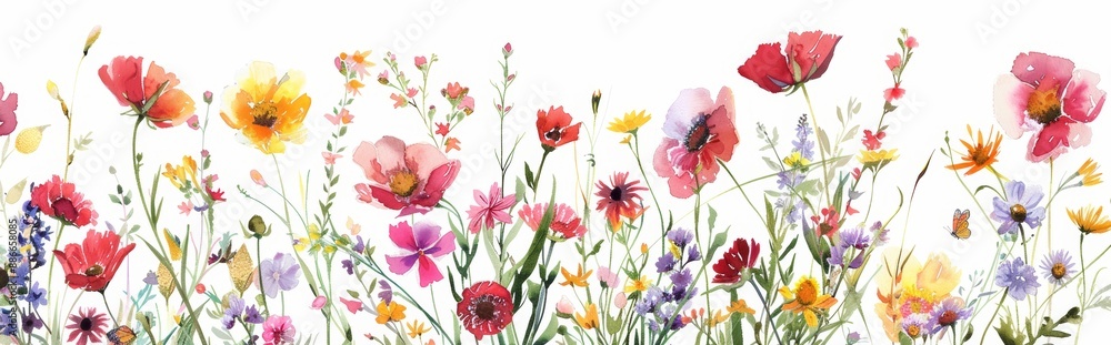 Flowering wild flowers in watercolor. Botanical collection of flowers in pink, blue, yellow, leaves, bouquets, branches, herbs, etc. Flowering wild flowers in watercolor. Botanical collection of flowers in pink, blue, yellow, leaves, bouquets, branches, herbs, etc.