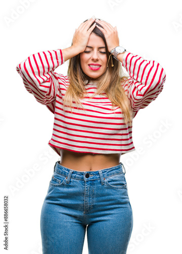 Foto Young beautiful woman casual stripes winter sweater over isolated background suffering from headache desperate and stressed because pain and migraine