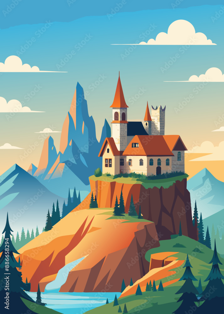 Include a quaint farmhouse nestled in the hills and majestic castle perched on a clifftop and rustic cabin in the woods and modern skyscraper in the distance, or a crumbling ancient temple Include a quaint farmhouse nestled in the hills and majestic castle perched on a clifftop and rustic cabin in the woods and modern skyscraper in the distance, or a crumbling ancient temple