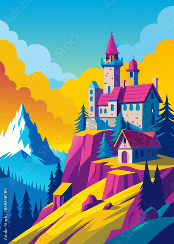 Include a quaint farmhouse nestled in the hills and majestic castle perched on a clifftop and rustic cabin in the woods and modern skyscraper in the distance, or a crumbling ancient temple