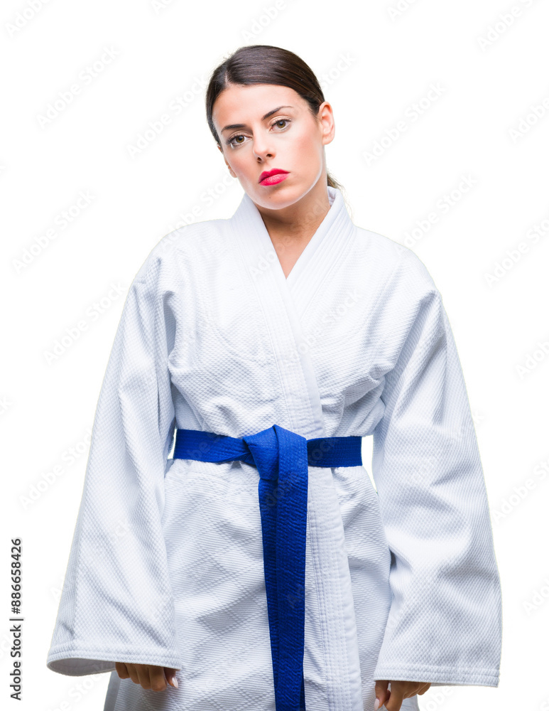Young beautiful woman wearing karate kimono uniform over isolated background with serious expression on face. Simple and natural looking at the camera. Young beautiful woman wearing karate kimono uniform over isolated background with serious expression on face. Simple and natural looking at the camera.