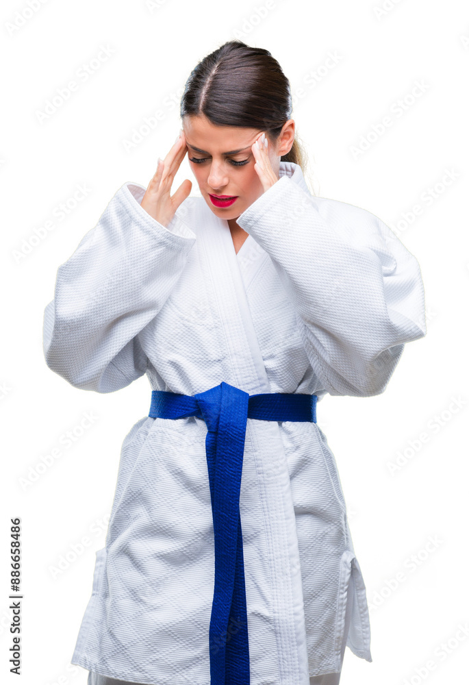 Young beautiful woman wearing karate kimono uniform over isolated background with hand on head for pain in head because stress. Suffering migraine. Young beautiful woman wearing karate kimono uniform over isolated background with hand on head for pain in head because stress. Suffering migraine.