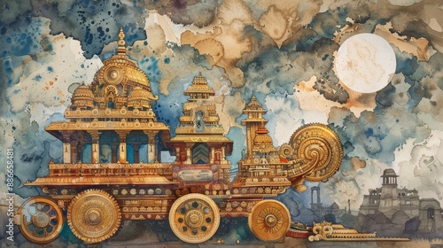 Watercolor painting by Latyatra, with a large, ornate chariot. A fantastic ca...