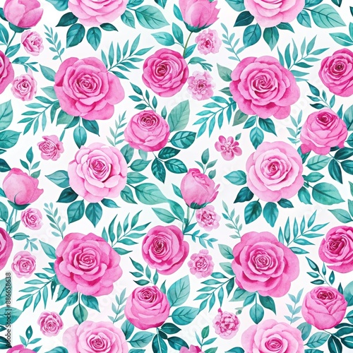 Vibrant Watercolor Floral Pattern with Pink Roses and Green Leaves © BERMED