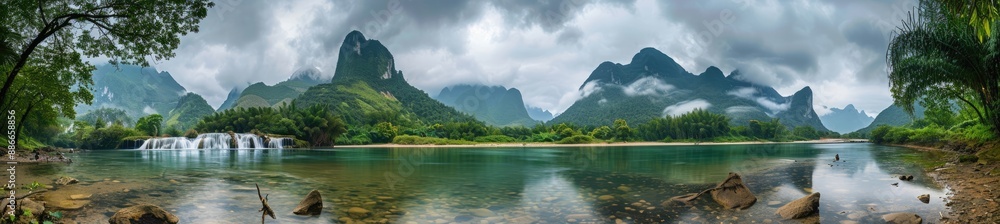 Tranquil River Scene Surrounded by Lush Mountains Tranquil River Scene Surrounded by Lush Mountains